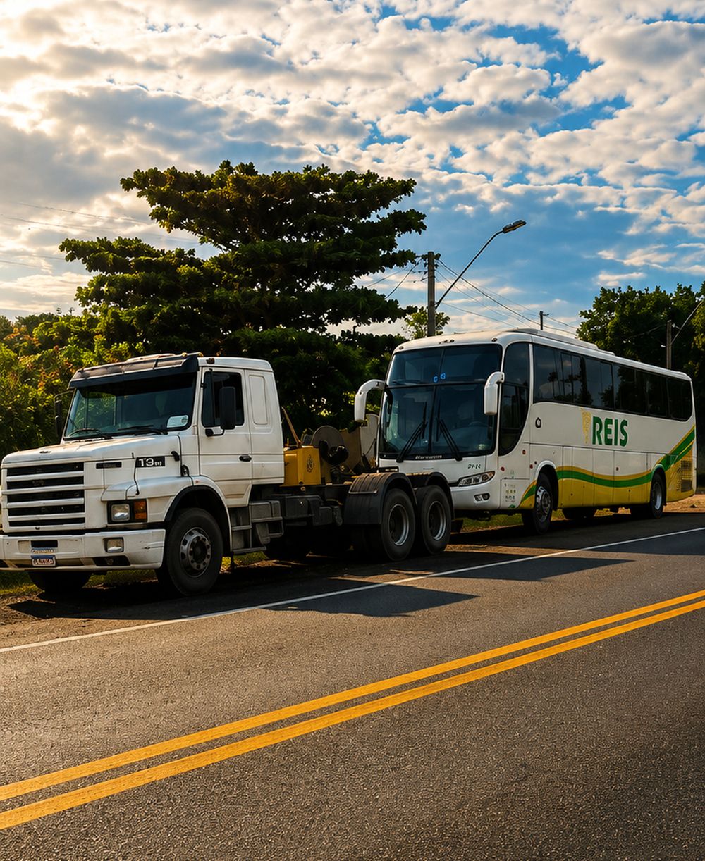 Ônibus rodoviário sendo rebocado pelo guincho pesado